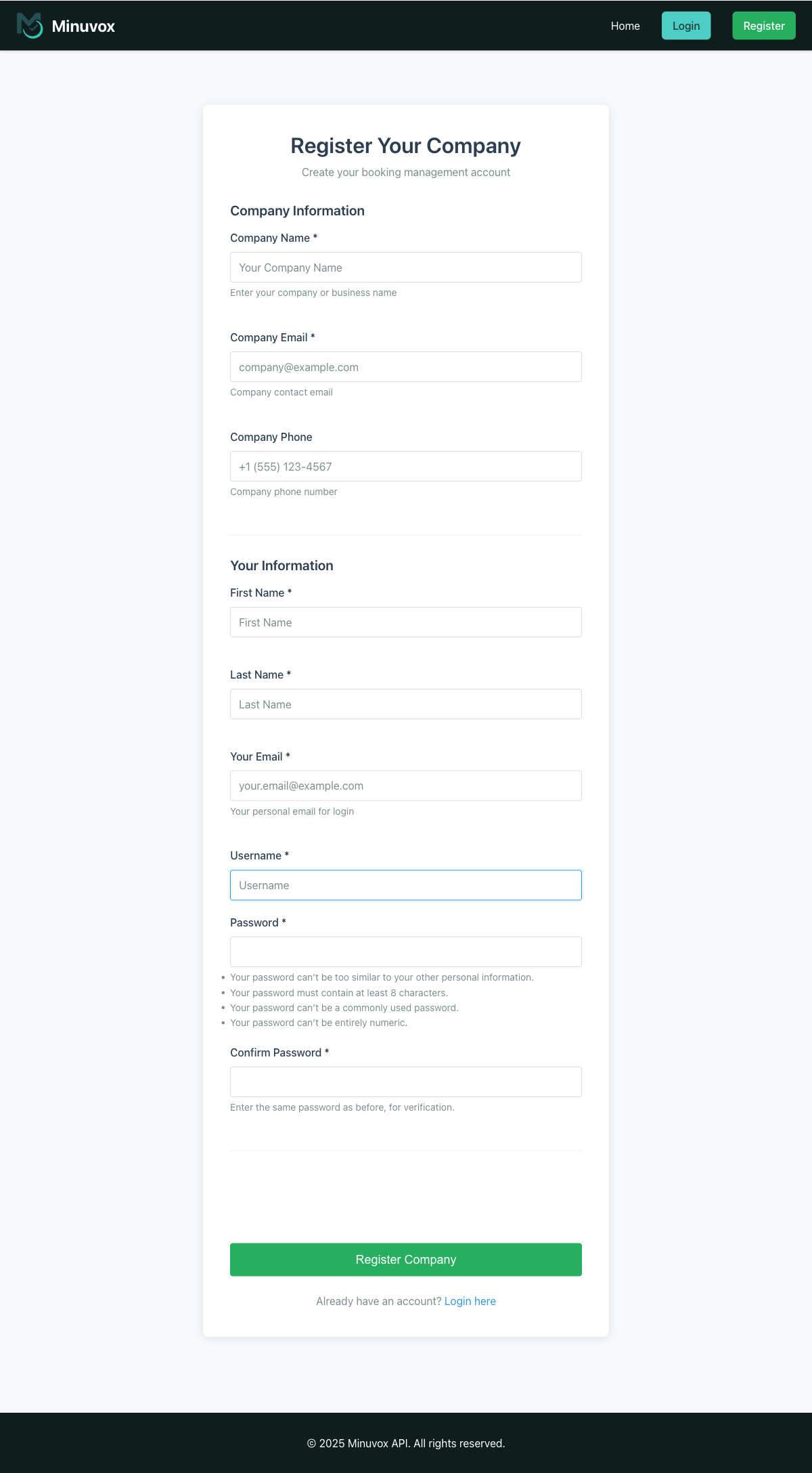 Minuvox registration form with Company Information and Your Information sections, showing all fields empty and the Register Company button at the bottom