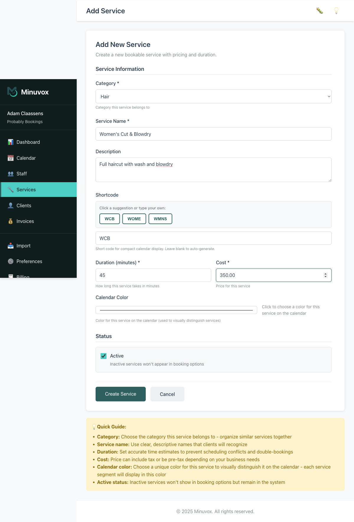 Add New Service form filled in with Women's Cut and Blowdry under the Hair category, 45 minutes duration, R350.00 cost, and shortcode WCB auto-suggested