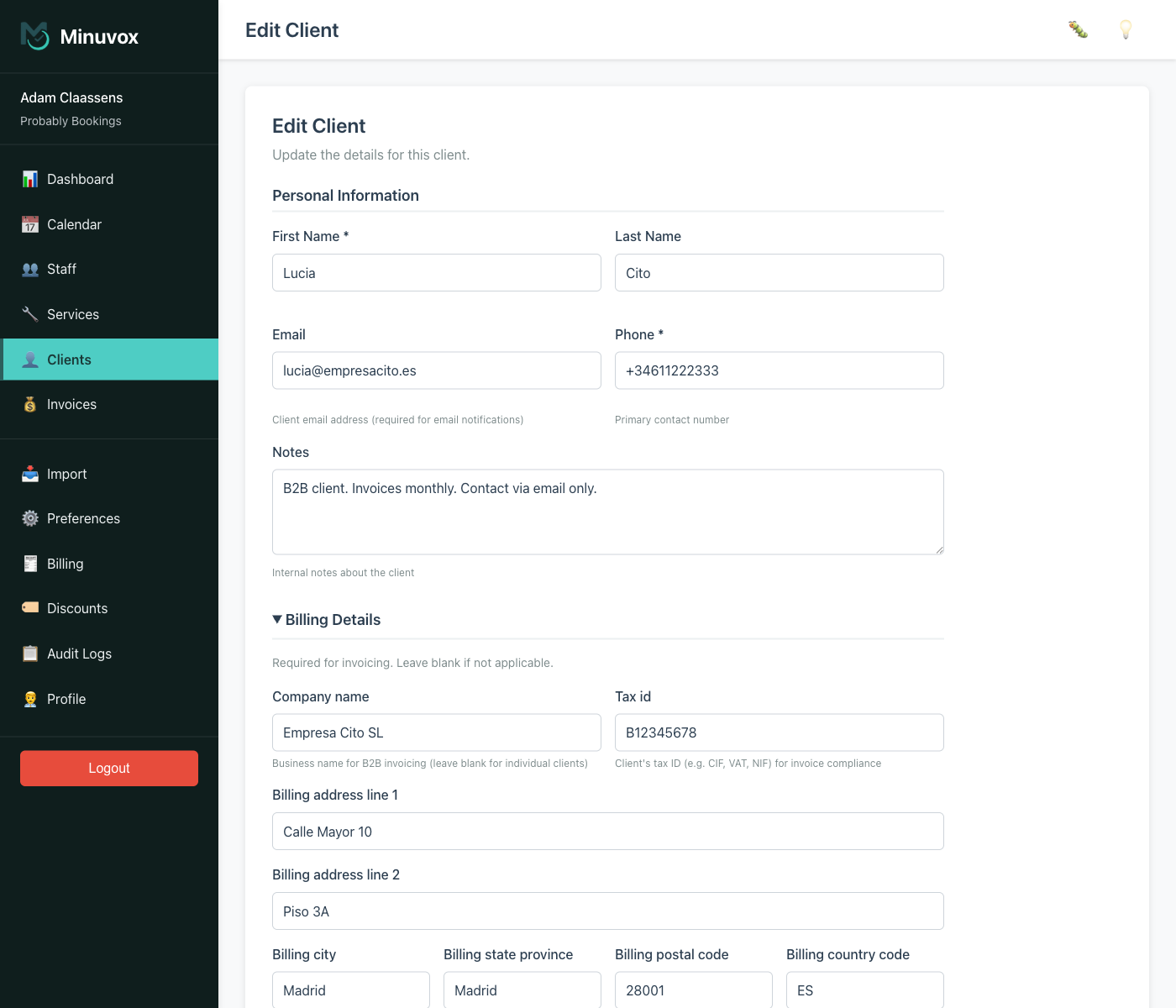 Add Client form Billing Details section expanded showing company name, tax ID, and billing address fields