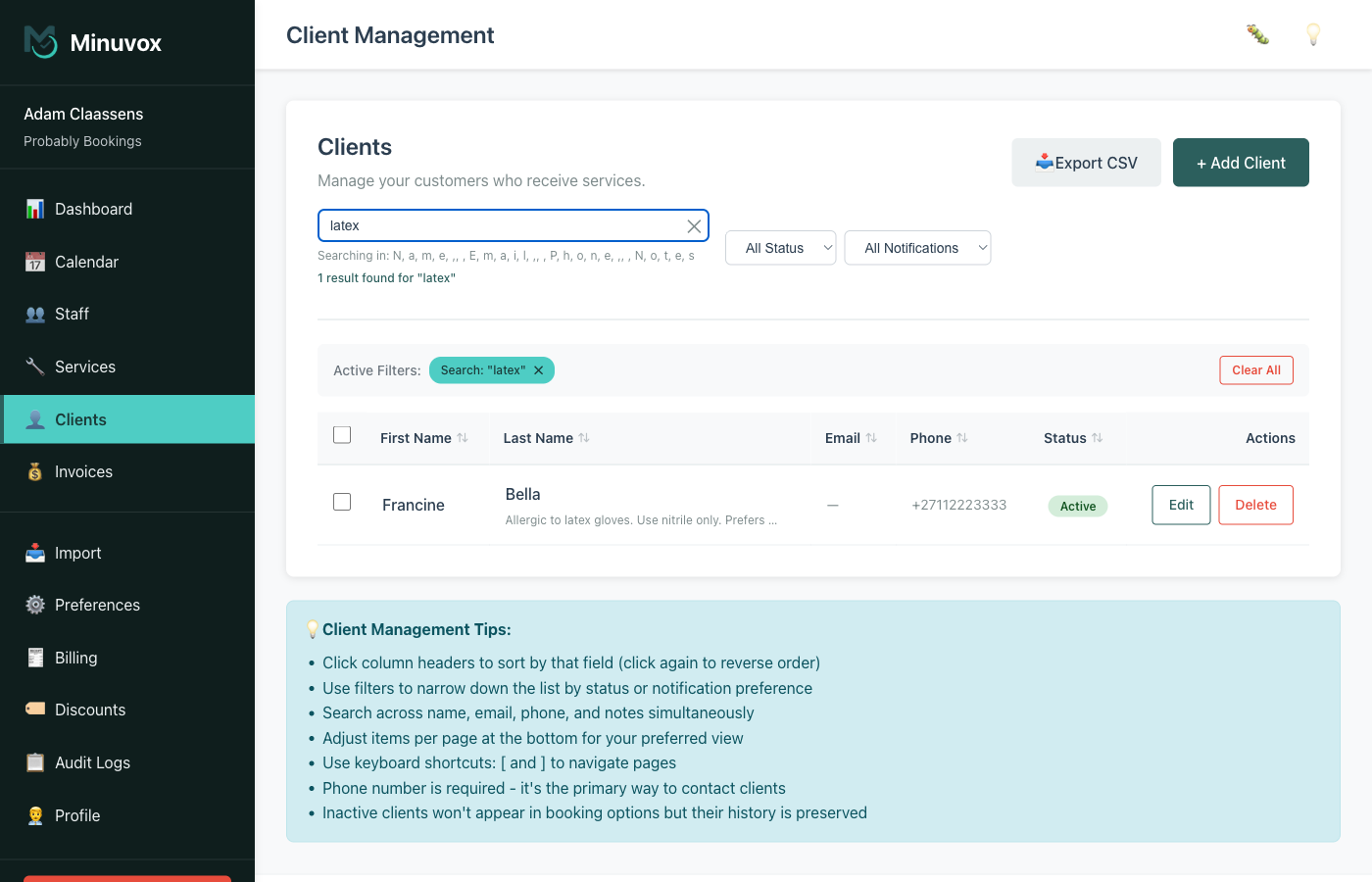 Client list filtered by a search term showing matching results with name, email, phone, and status columns