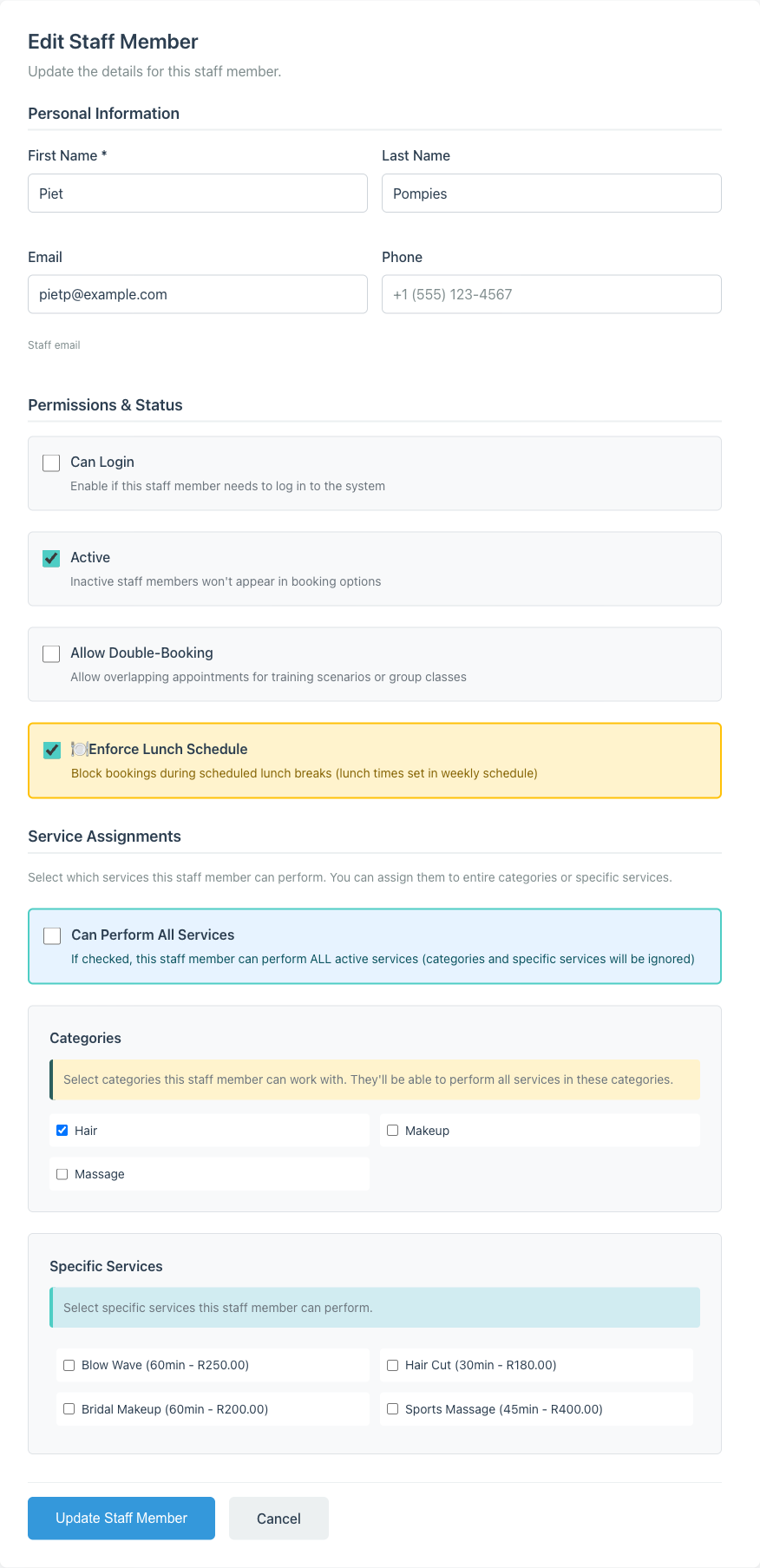 Staff form showing Personal Information, Permissions and Status (Can Login, Active, Allow Double-Booking, Enforce Lunch Schedule), and Service Assignments with Can Perform All Services checkbox, Categories (Hair checked), and Specific Services listing four services with duration and price