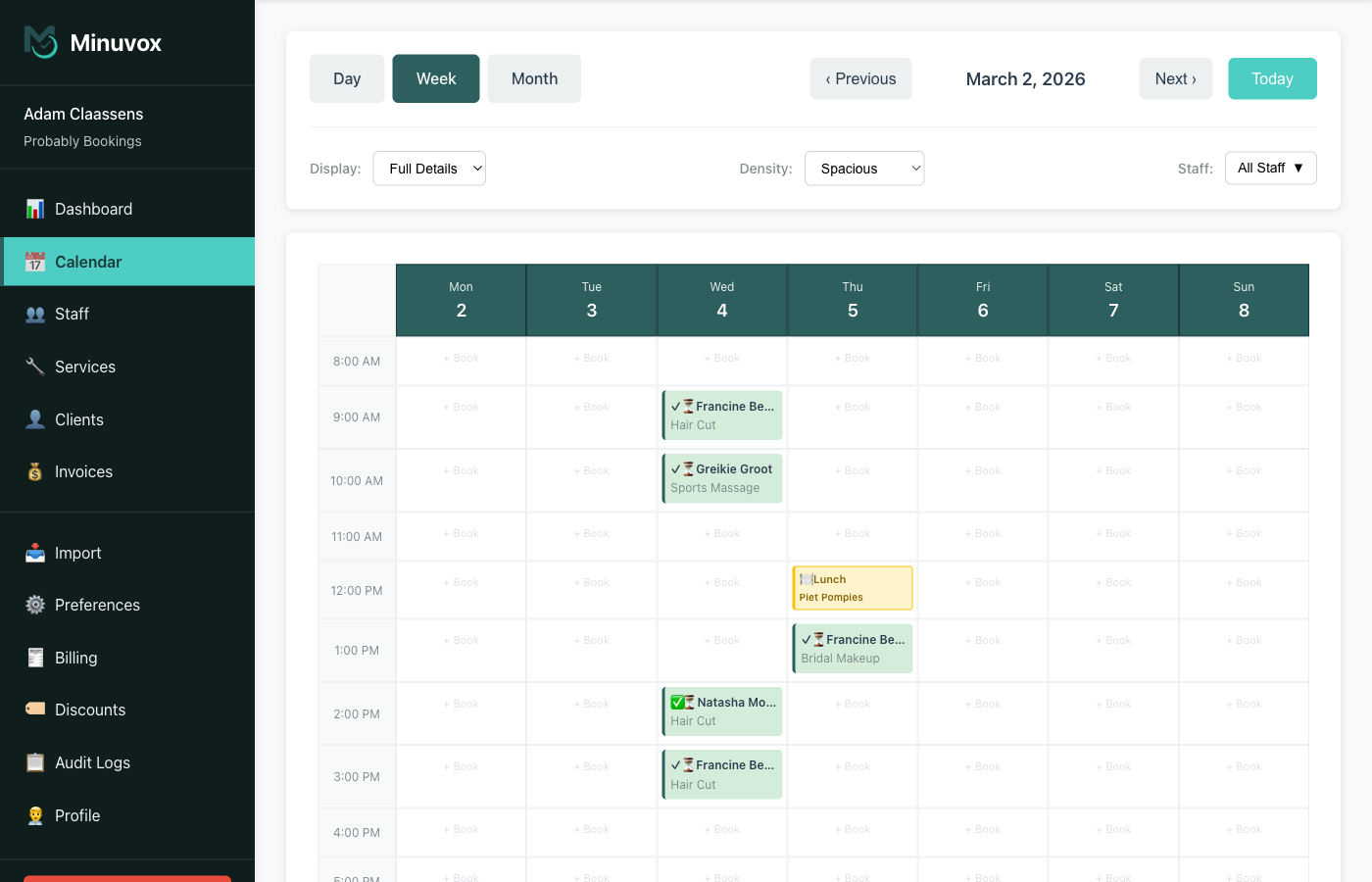 Minuvox calendar week view showing colour-coded bookings for different services and staff across multiple days, with Day Week and Month tabs, display density options, and staff filter