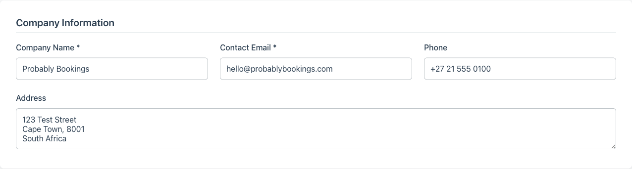 Minuvox Preferences page Company Information section showing Company Name, Contact Email, Phone, and a multiline Address textarea, all populated with representative test-business data