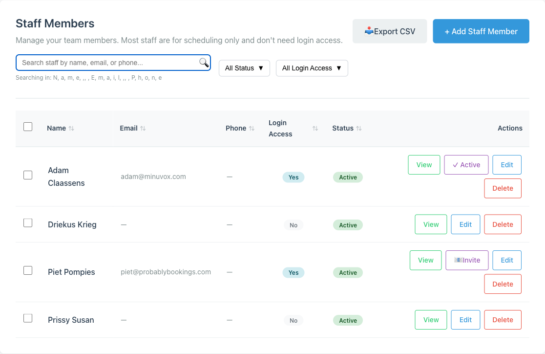 Minuvox staff list with Login Access column showing Yes or No per row, All Login Access filter dropdown, and action buttons including a checkmark Active button for one staff member and an Invite button for another