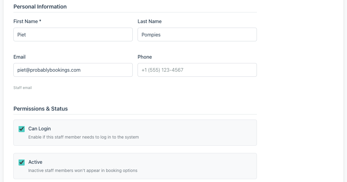 Staff edit form showing Personal Information fields with email address filled in, and Permissions and Status section with Can Login and Active checkboxes both ticked